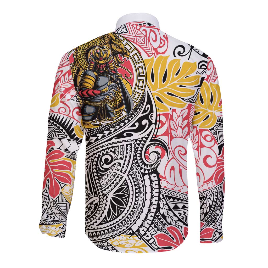 Japanese Samurai Warrior Long Sleeve Button Shirt Colorful Polynesian Tattoo Style