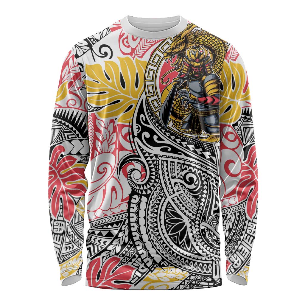 Japanese Samurai Warrior Long Sleeve Shirt Colorful Polynesian Tattoo Style