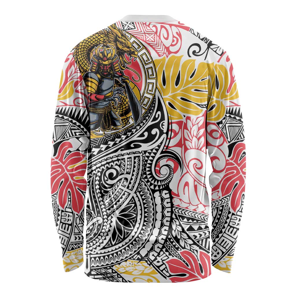 Japanese Samurai Warrior Long Sleeve Shirt Colorful Polynesian Tattoo Style
