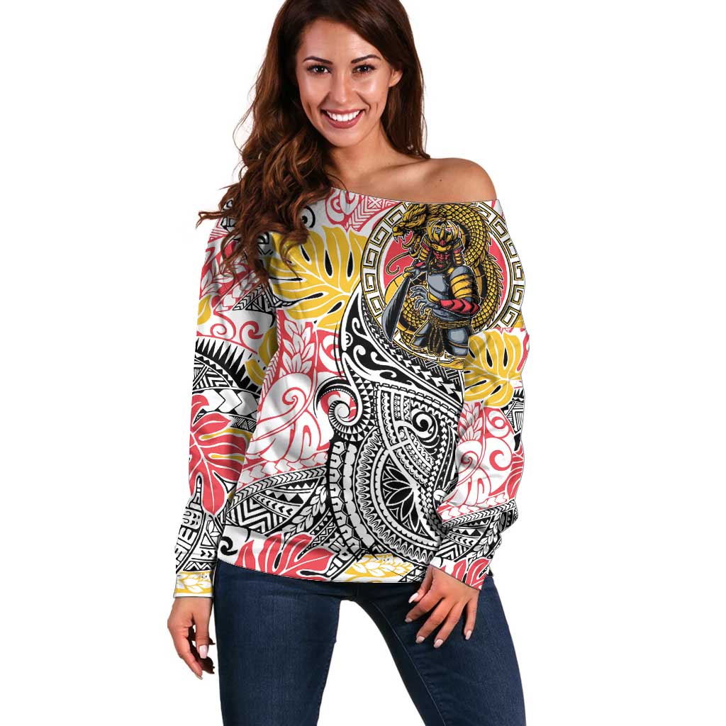 Japanese Samurai Warrior Off Shoulder Sweater Colorful Polynesian Tattoo Style