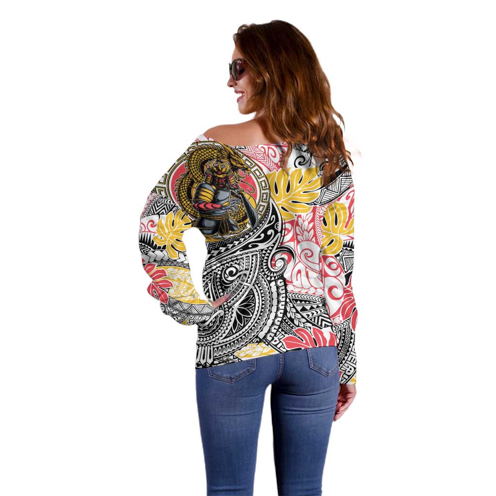 Japanese Samurai Warrior Off Shoulder Sweater Colorful Polynesian Tattoo Style