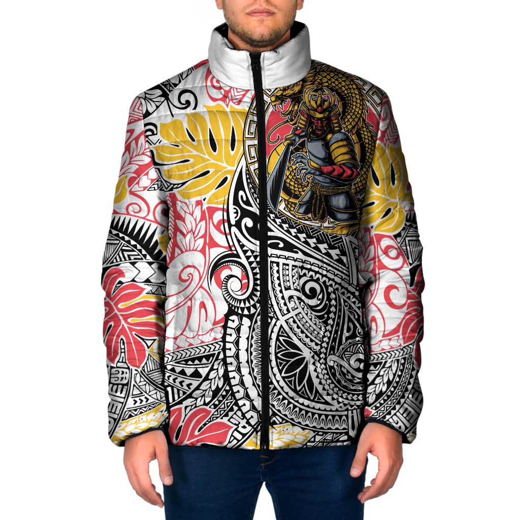 Japanese Samurai Warrior Padded Jacket Colorful Polynesian Tattoo Style LT9 Men White - Polynesian Pride