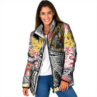 Japanese Samurai Warrior Padded Jacket Colorful Polynesian Tattoo Style LT9 Women White - Polynesian Pride