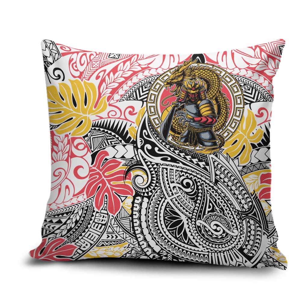 Japanese Samurai Warrior Pillow Cover Colorful Polynesian Tattoo Style LT9 White - Polynesian Pride