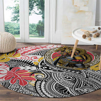 Japanese Samurai Warrior Round Carpet Colorful Polynesian Tattoo Style
