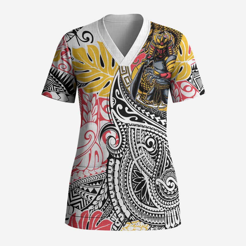 Japanese Samurai Warrior Scrub Top Colorful Polynesian Tattoo Style - Polynesian Pride