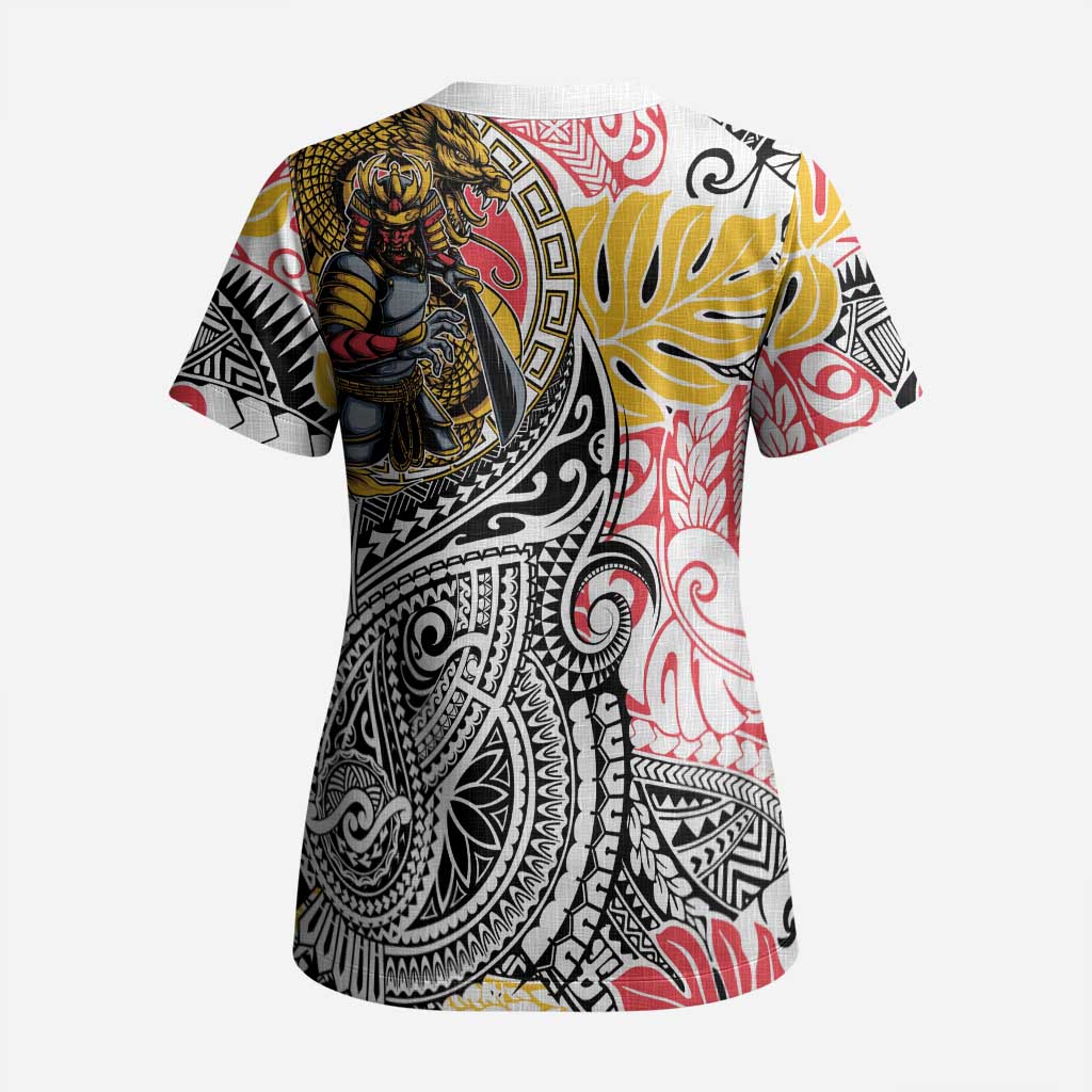 Japanese Samurai Warrior Scrub Top Colorful Polynesian Tattoo Style - Polynesian Pride