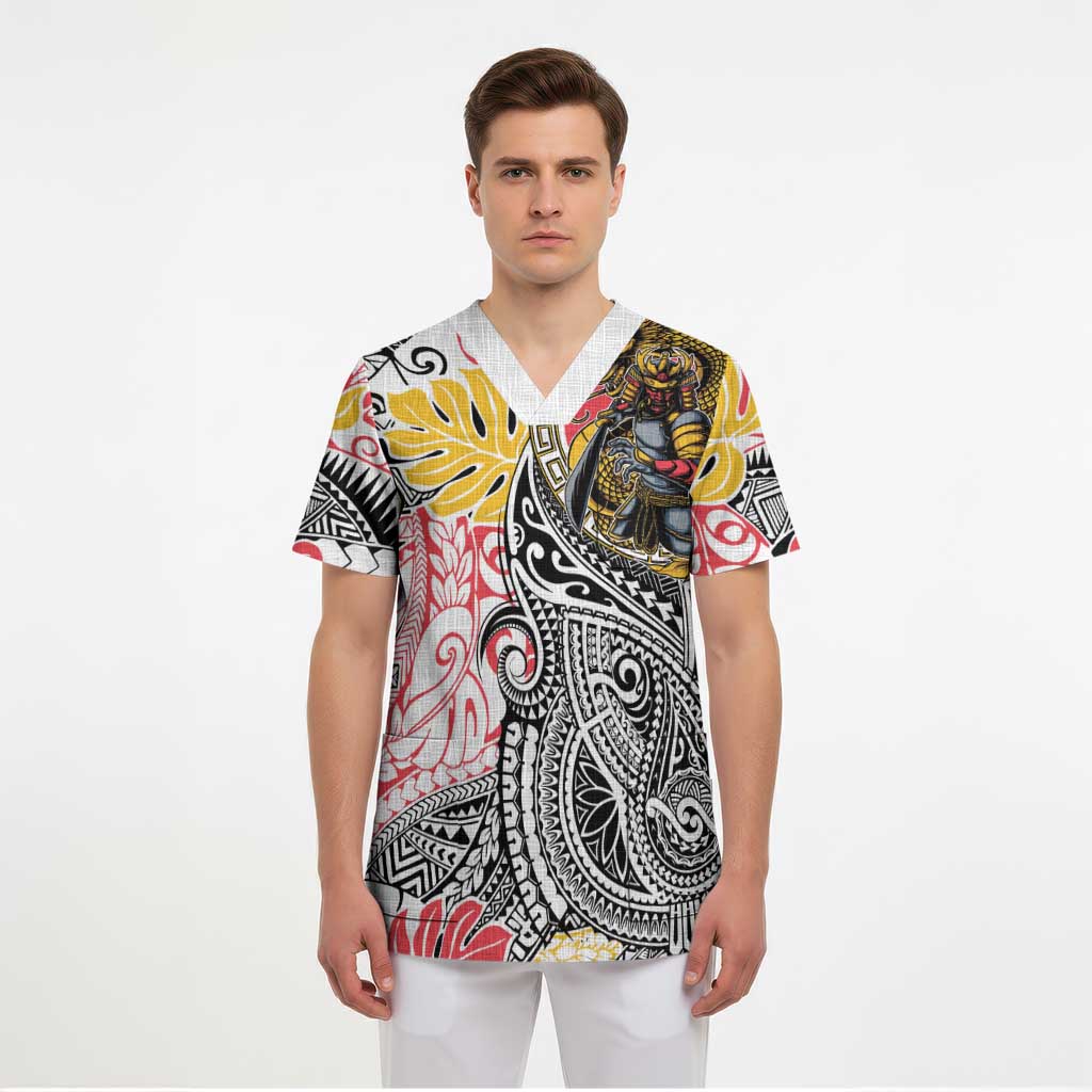 Japanese Samurai Warrior Scrub Top Colorful Polynesian Tattoo Style - Polynesian Pride