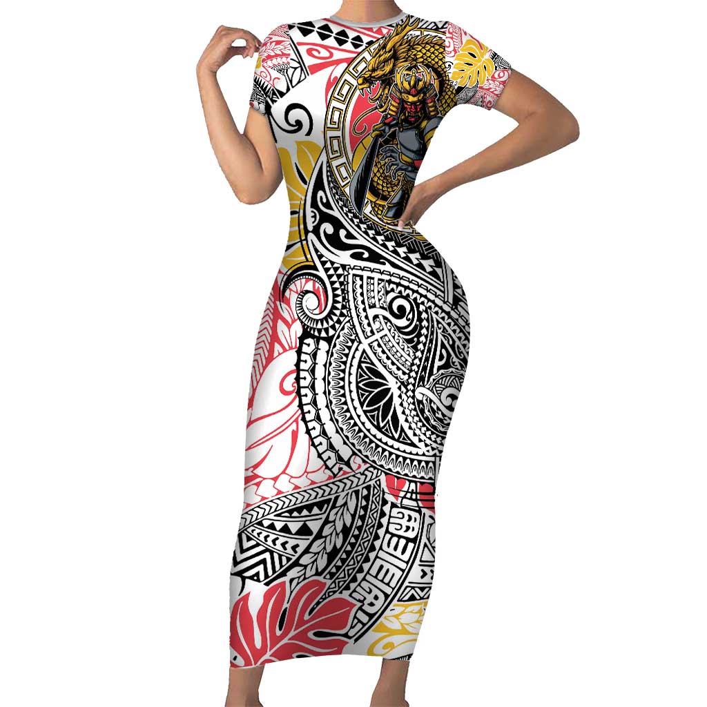 Japanese Samurai Warrior Short Sleeve Bodycon Dress Colorful Polynesian Tattoo Style