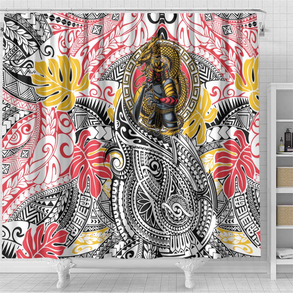 Japanese Samurai Warrior Shower Curtain Colorful Polynesian Tattoo Style