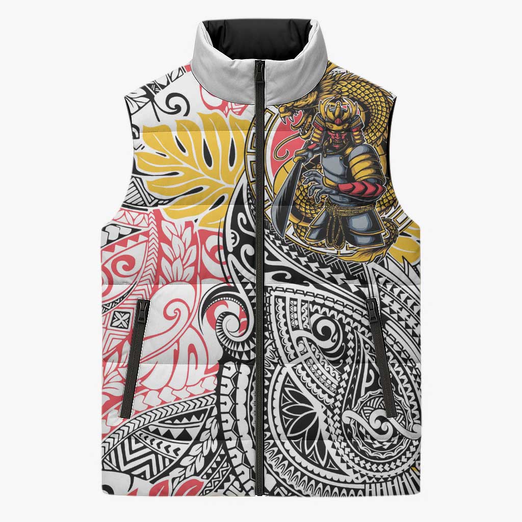 Japanese Samurai Warrior Sleeveless Puffer Jacket Colorful Polynesian Tattoo Style LT9 Unisex White - Polynesian Pride