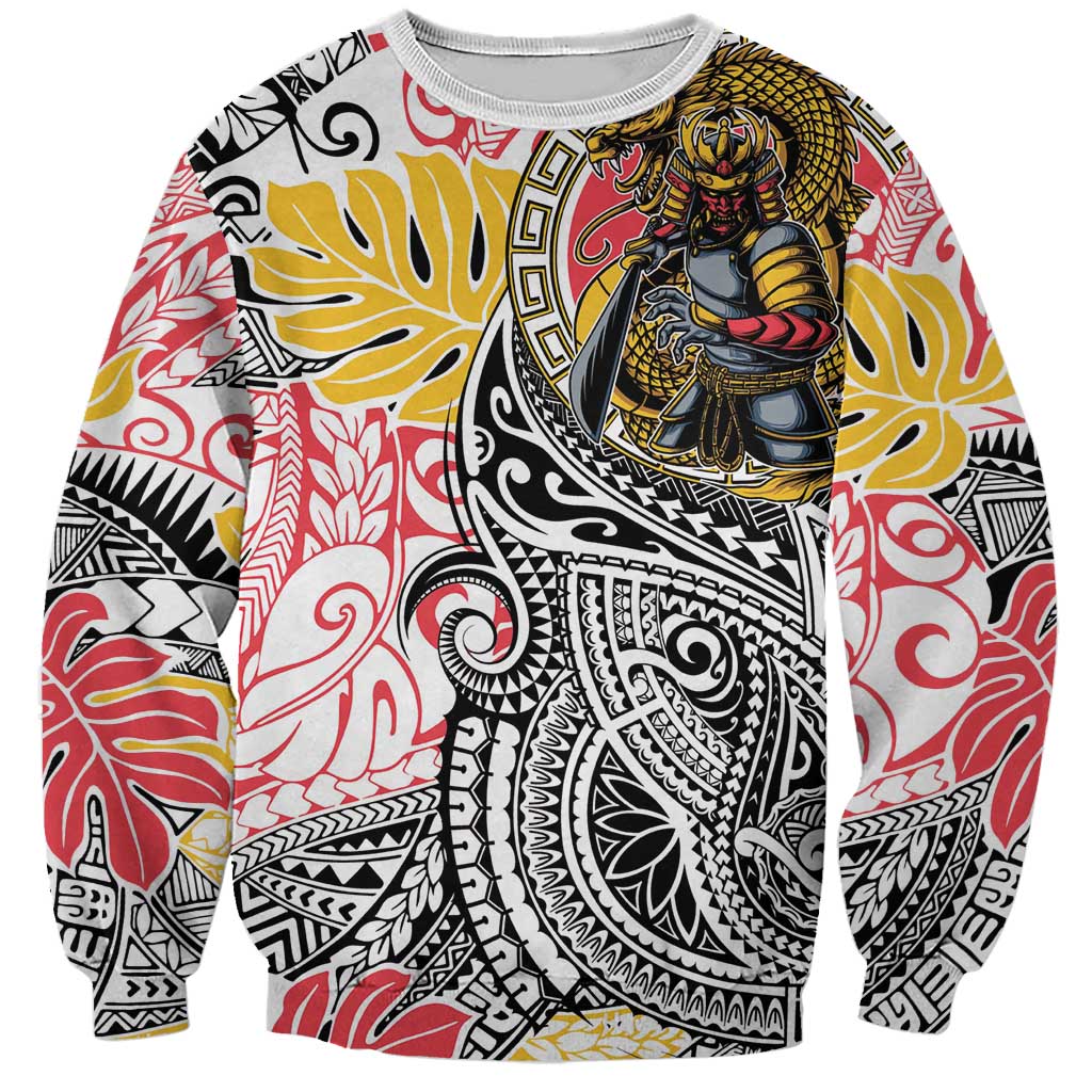 Japanese Samurai Warrior Sweatshirt Colorful Polynesian Tattoo Style LT9 Unisex White - Polynesian Pride