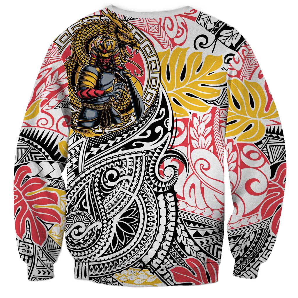 Japanese Samurai Warrior Sweatshirt Colorful Polynesian Tattoo Style