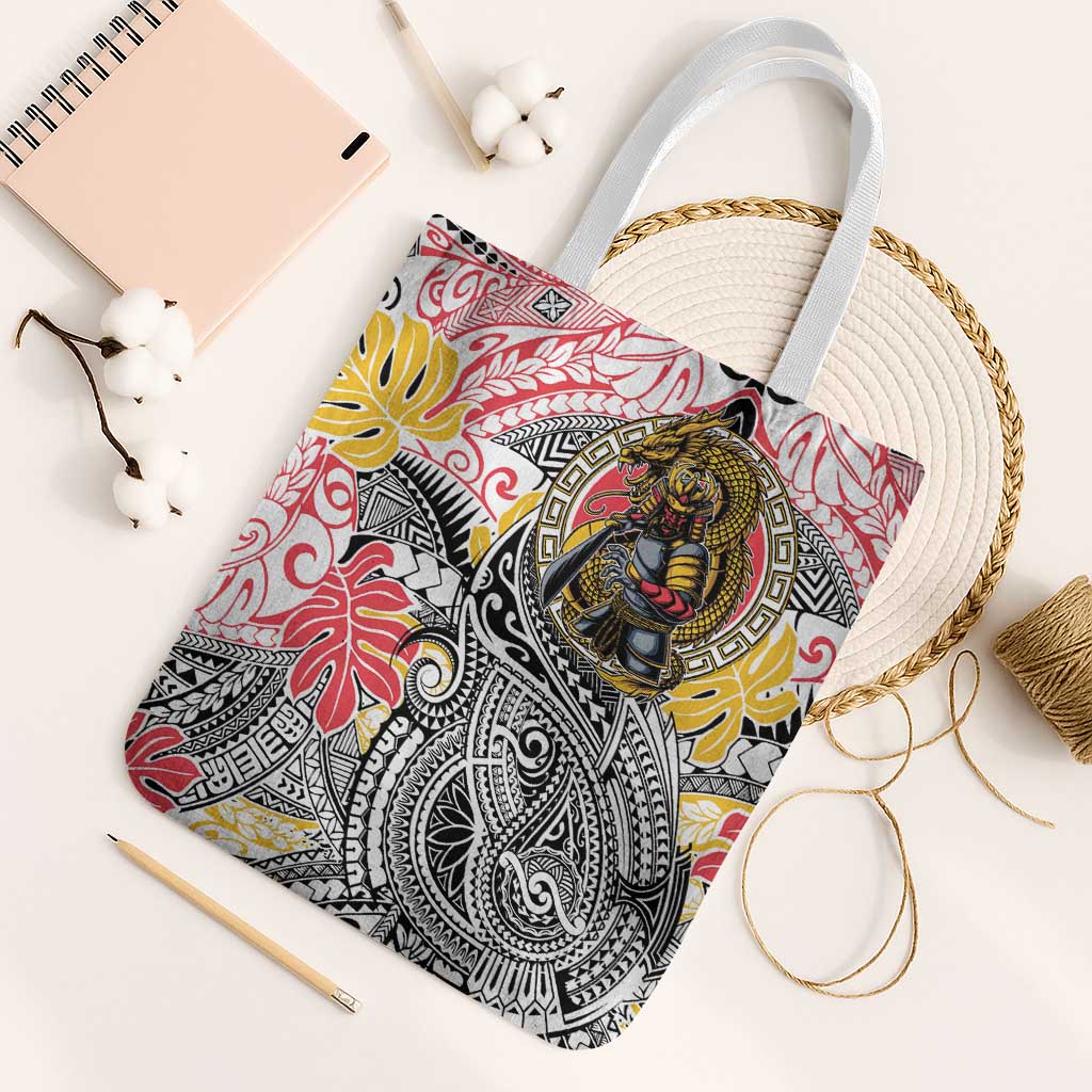 Japanese Samurai Warrior Tote Bag Colorful Polynesian Tattoo Style LT9 White Strap One Size White - Polynesian Pride
