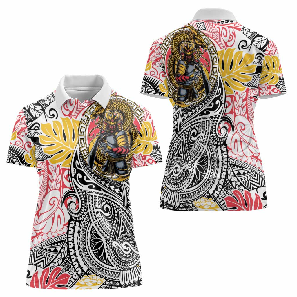 Japanese Samurai Warrior Women Polo Shirt Colorful Polynesian Tattoo Style