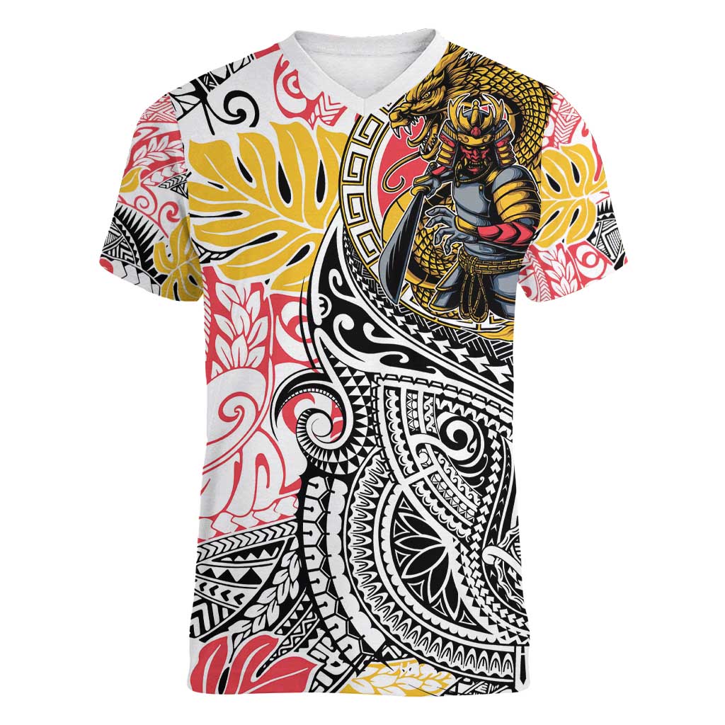 Japanese Samurai Warrior Women V-Neck T-Shirt Colorful Polynesian Tattoo Style LT9 Female White - Polynesian Pride