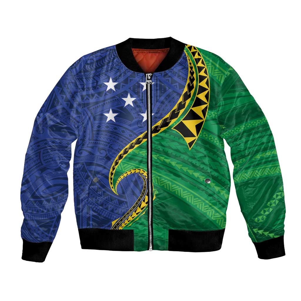 Solomon Islands Independence Day 1978 Personalised Bomber Jacket Polynesian Pattern with Flag Style