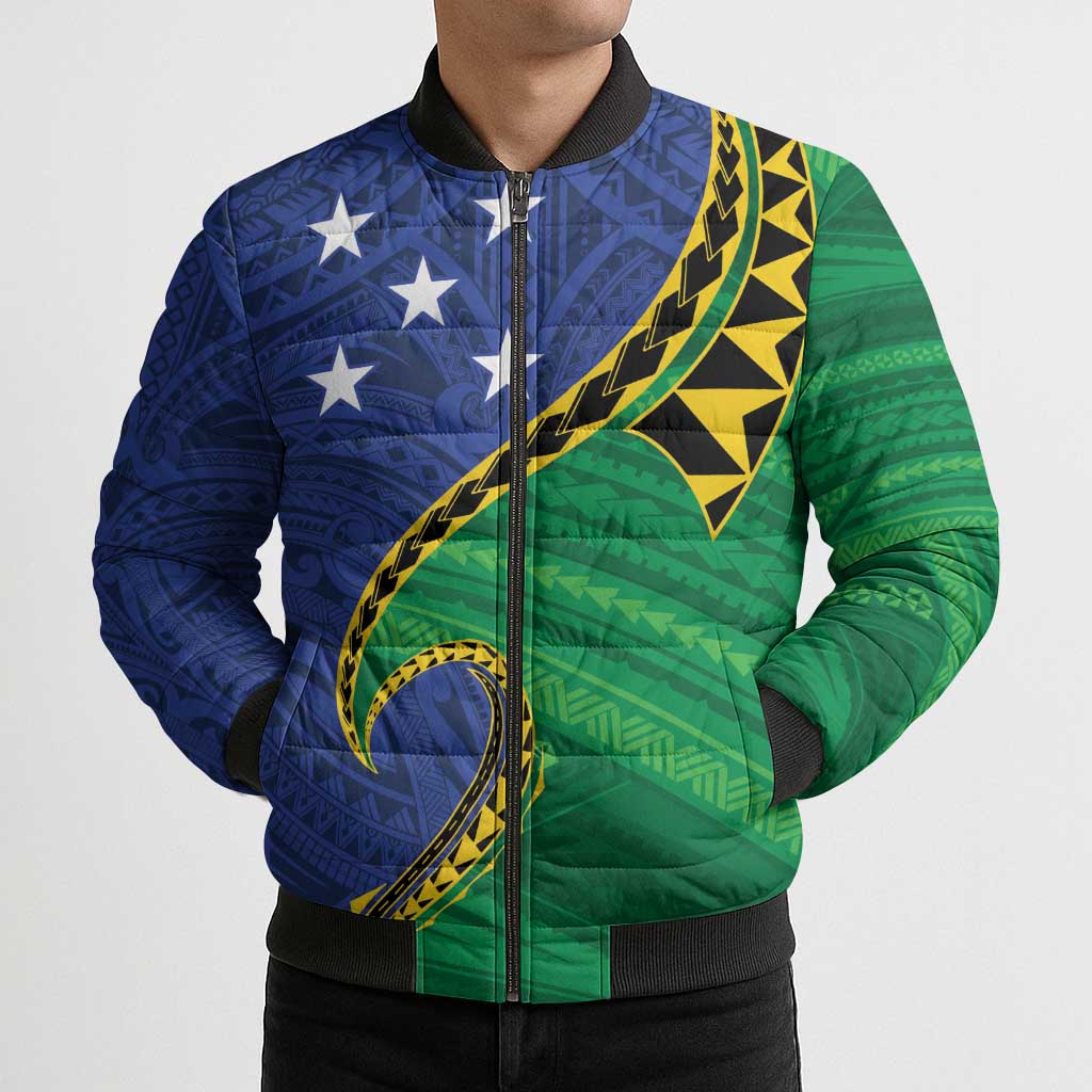 Solomon Islands Independence Day 1978 Personalised Bomber Puffer Jacket Polynesian Pattern with Flag Style LT9 - Polynesian Pride