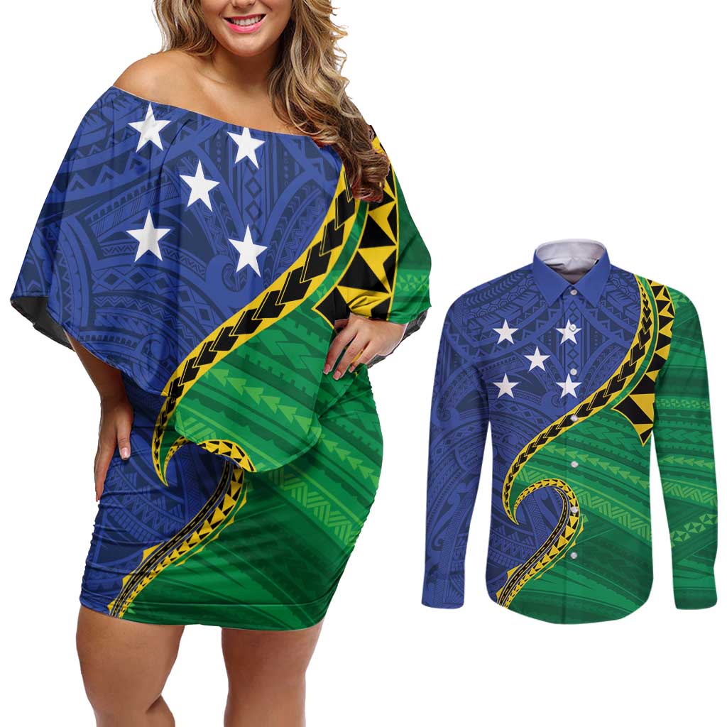 Solomon Islands Independence Day 1978 Personalised Couples Matching Off Shoulder Short Dress and Long Sleeve Button Shirt Polynesian Pattern with Flag Style LT9 Blue - Polynesian Pride
