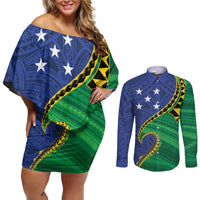 Solomon Islands Independence Day 1978 Personalised Couples Matching Off Shoulder Short Dress and Long Sleeve Button Shirt Polynesian Pattern with Flag Style LT9 Blue - Polynesian Pride