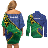 Solomon Islands Independence Day 1978 Personalised Couples Matching Off Shoulder Short Dress and Long Sleeve Button Shirt Polynesian Pattern with Flag Style LT9 - Polynesian Pride