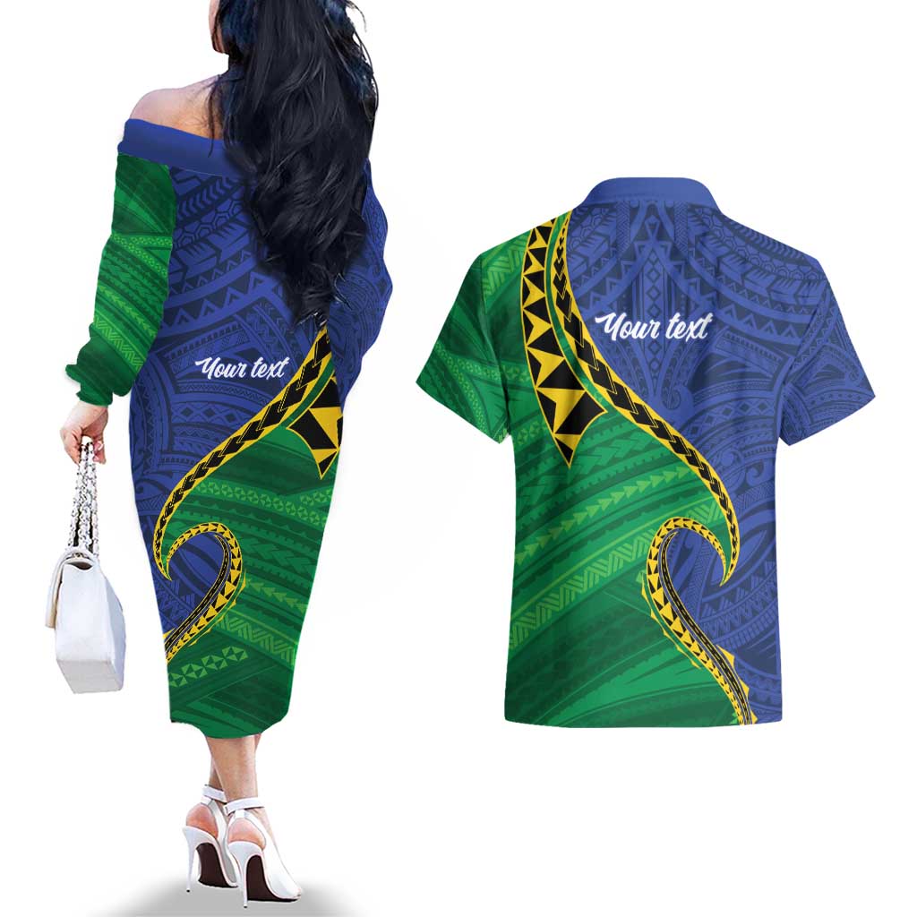 Solomon Islands Independence Day 1978 Personalised Couples Matching Off The Shoulder Long Sleeve Dress and Hawaiian Shirt Polynesian Pattern with Flag Style