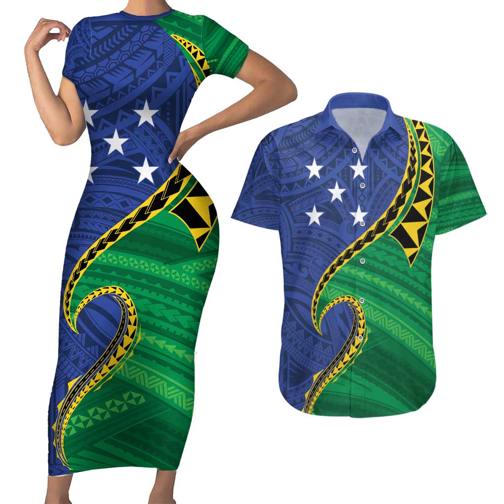 Solomon Islands Independence Day 1978 Personalised Couples Matching Short Sleeve Bodycon Dress and Hawaiian Shirt Polynesian Pattern with Flag Style LT9 Blue - Polynesian Pride