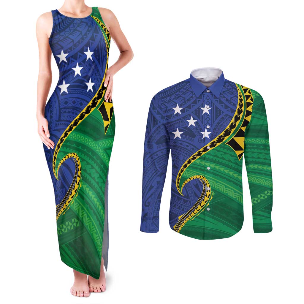 Solomon Islands Independence Day 1978 Personalised Couples Matching Tank Maxi Dress and Long Sleeve Button Shirt Polynesian Pattern with Flag Style