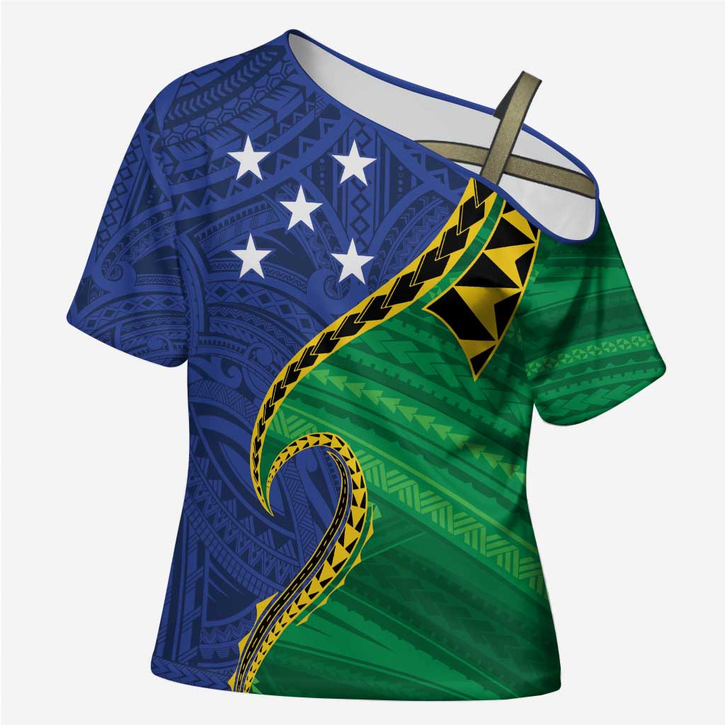 Solomon Islands Independence Day 1978 Personalised Cross Shoulder Shirt Polynesian Pattern with Flag Style LT9 Female Blue - Polynesian Pride