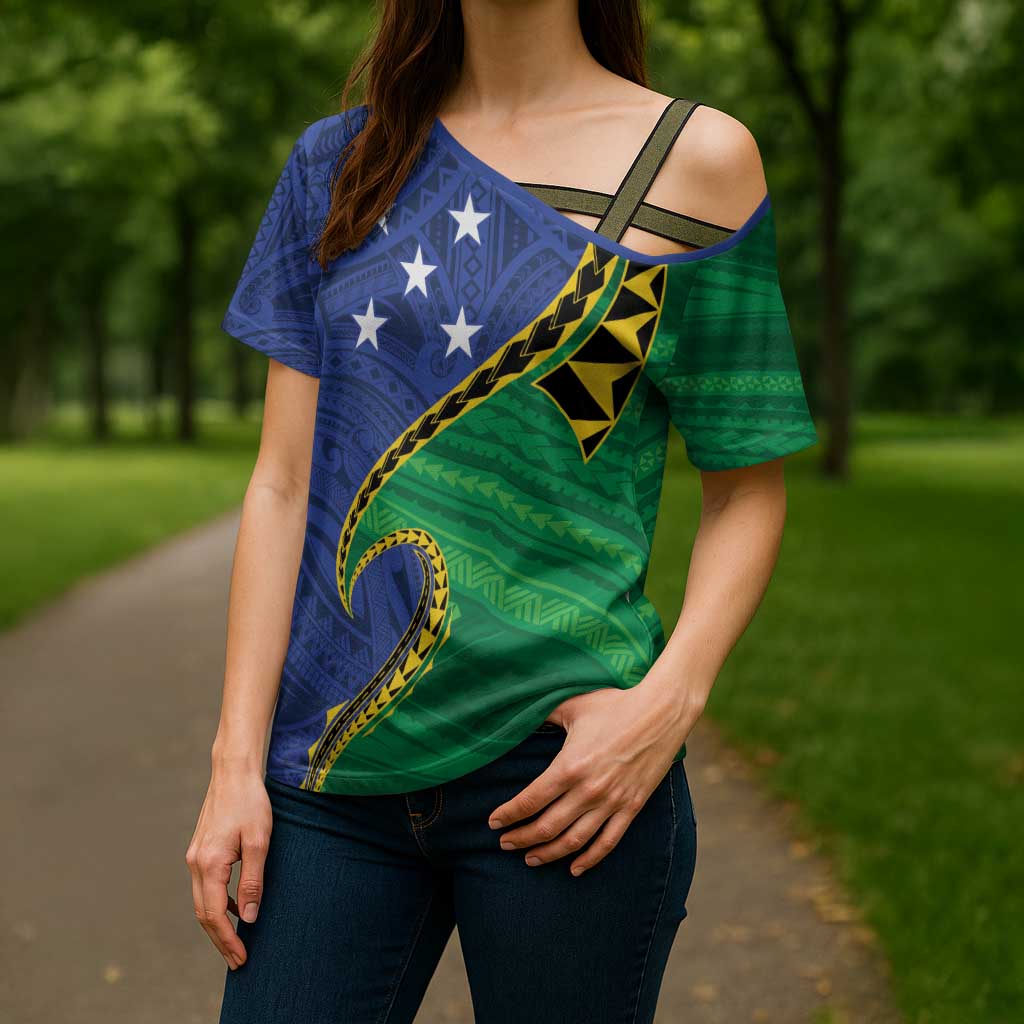 Solomon Islands Independence Day 1978 Personalised Cross Shoulder Shirt Polynesian Pattern with Flag Style LT9 - Polynesian Pride