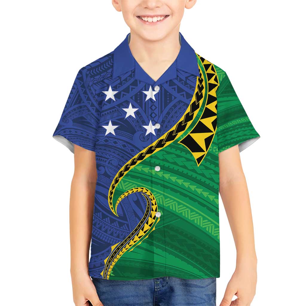 Solomon Islands Independence Day 1978 Personalised Family Matching Long Sleeve Bodycon Dress and Hawaiian Shirt Polynesian Pattern with Flag Style LT9 Son's Shirt Blue - Polynesian Pride