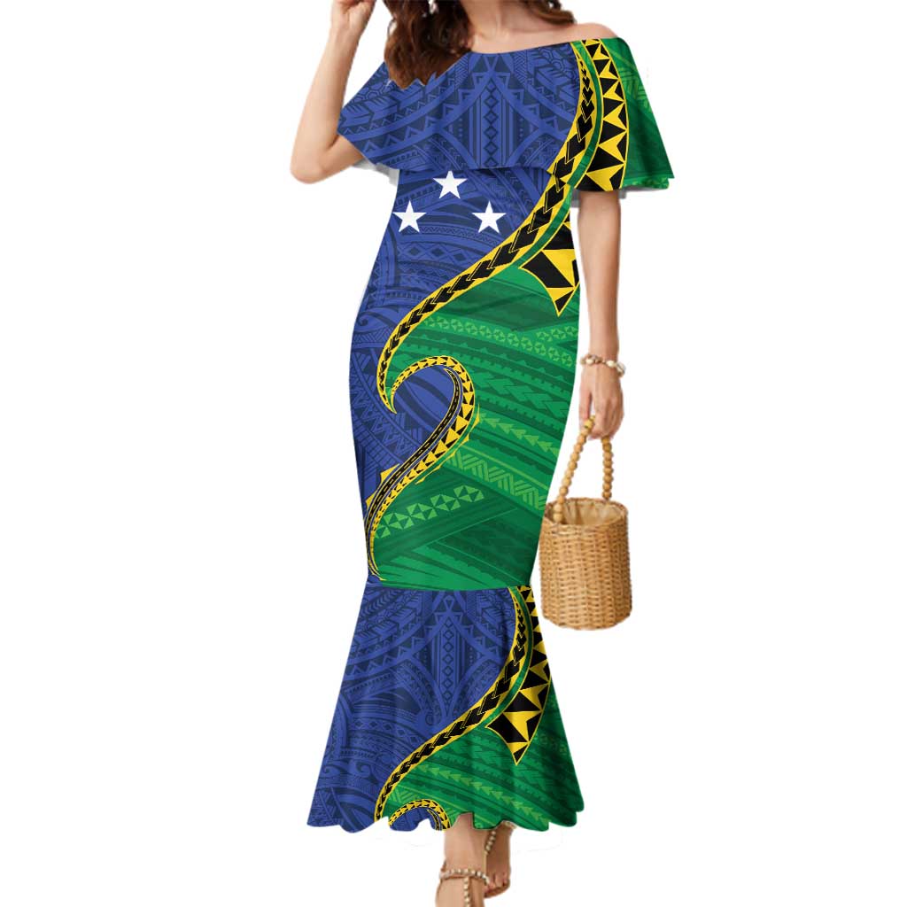 Solomon Islands Independence Day 1978 Personalised Family Matching Mermaid Dress and Hawaiian Shirt Polynesian Pattern with Flag Style LT9 Mom's Dress Blue - Polynesian Pride