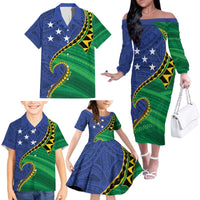 Solomon Islands Independence Day 1978 Personalised Family Matching Off The Shoulder Long Sleeve Dress and Hawaiian Shirt Polynesian Pattern with Flag Style