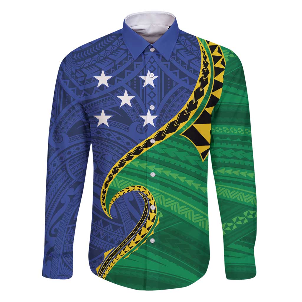 Solomon Islands Independence Day 1978 Personalised Family Matching Puletasi and Hawaiian Shirt Polynesian Pattern with Flag Style LT9 Dad's Shirt - Long Sleeve Blue - Polynesian Pride