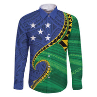 Solomon Islands Independence Day 1978 Personalised Family Matching Puletasi and Hawaiian Shirt Polynesian Pattern with Flag Style LT9 Dad's Shirt - Long Sleeve Blue - Polynesian Pride