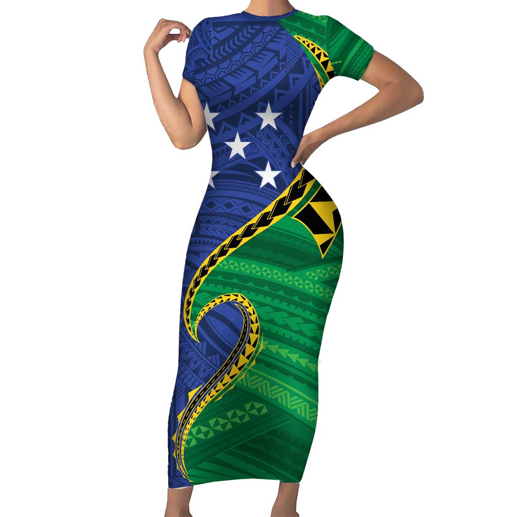 Solomon Islands Independence Day 1978 Personalised Family Matching Short Sleeve Bodycon Dress and Hawaiian Shirt Polynesian Pattern with Flag Style LT9 Mom's Dress Blue - Polynesian Pride