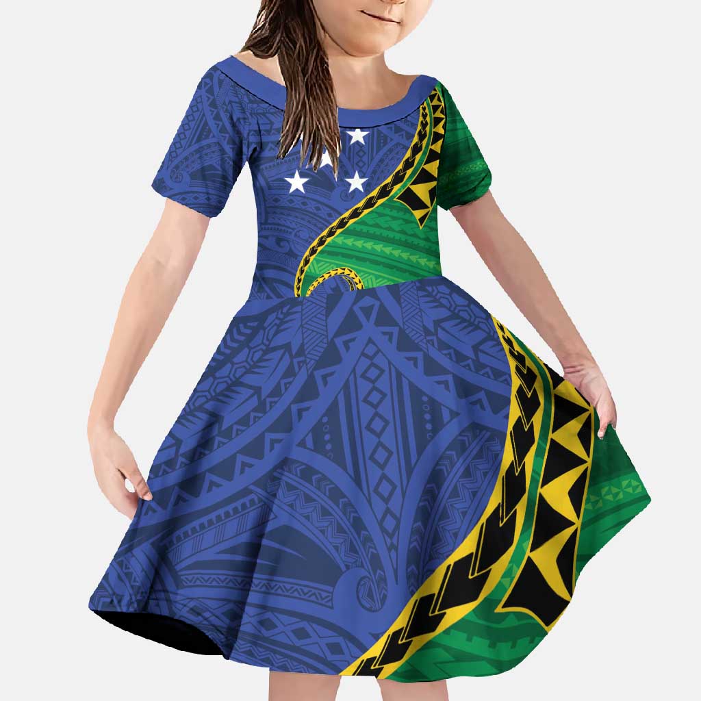 Solomon Islands Independence Day 1978 Personalised Family Matching Summer Maxi Dress and Hawaiian Shirt Polynesian Pattern with Flag Style LT9 Daughter's Dress Blue - Polynesian Pride