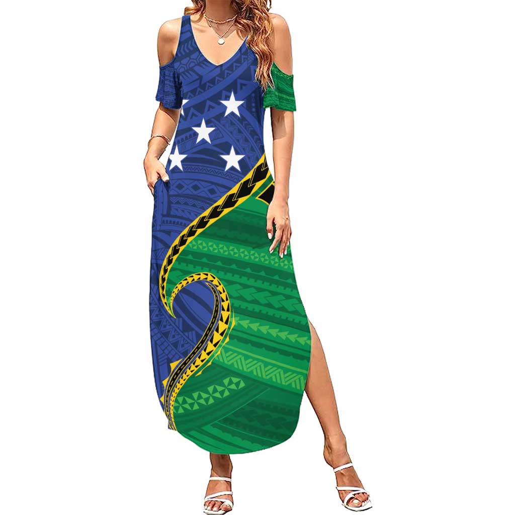 Solomon Islands Independence Day 1978 Personalised Family Matching Summer Maxi Dress and Hawaiian Shirt Polynesian Pattern with Flag Style LT9 Mom's Dress Blue - Polynesian Pride