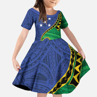 Solomon Islands Independence Day 1978 Personalised Family Matching Tank Maxi Dress and Hawaiian Shirt Polynesian Pattern with Flag Style LT9 Daughter's Dress Blue - Polynesian Pride