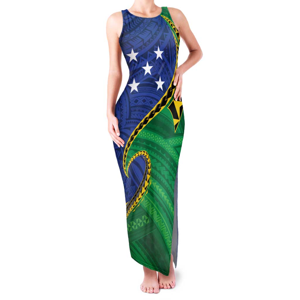 Solomon Islands Independence Day 1978 Personalised Family Matching Tank Maxi Dress and Hawaiian Shirt Polynesian Pattern with Flag Style LT9 Mom's Dress Blue - Polynesian Pride