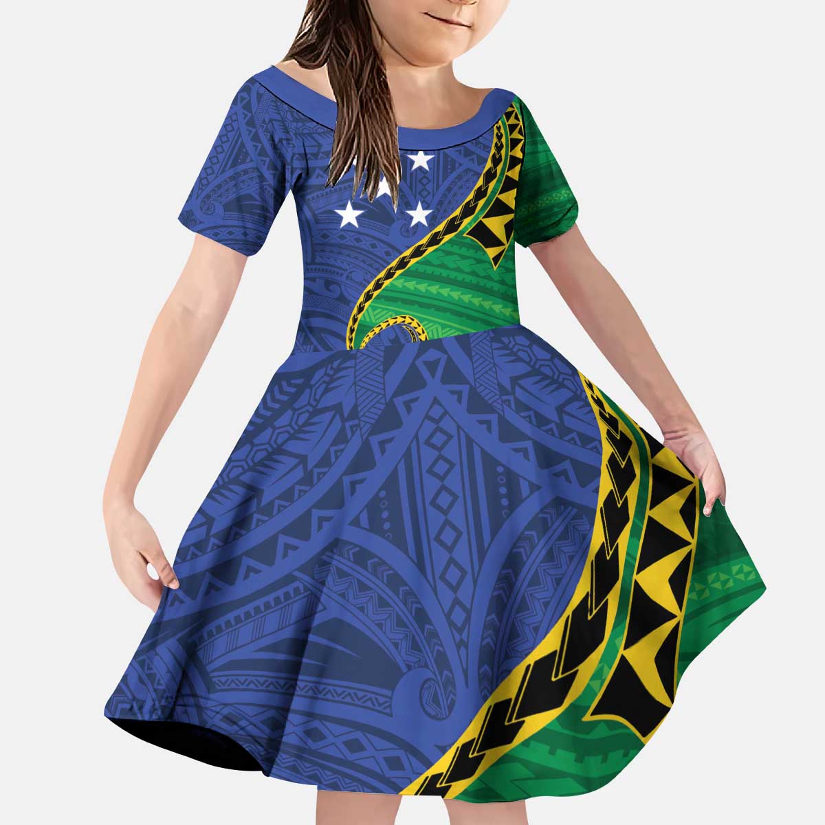 Solomon Islands Independence Day 1978 Personalised Kid Short Sleeve Dress Polynesian Pattern with Flag Style