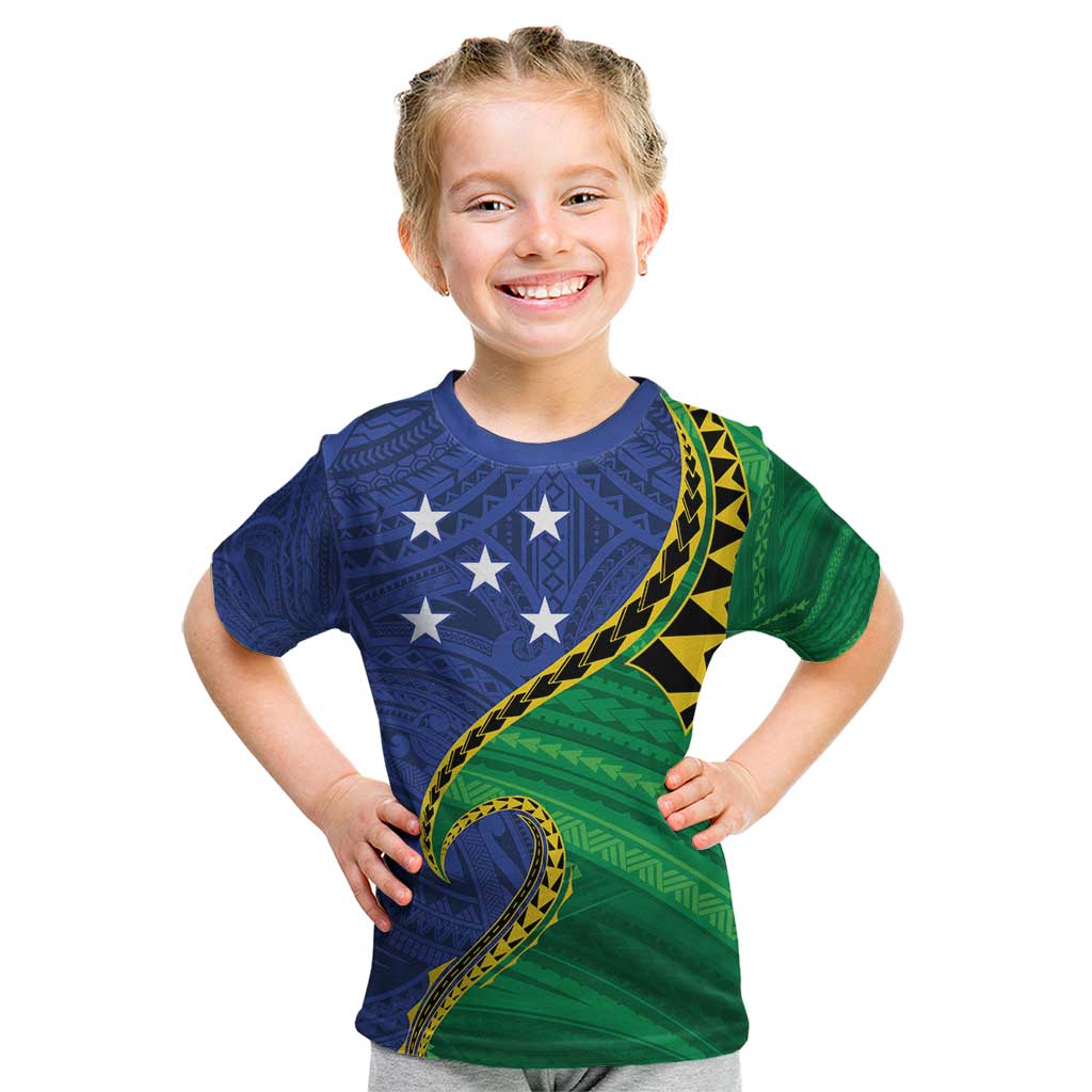 Solomon Islands Independence Day 1978 Personalised Kid T Shirt Polynesian Pattern with Flag Style LT9 Blue - Polynesian Pride