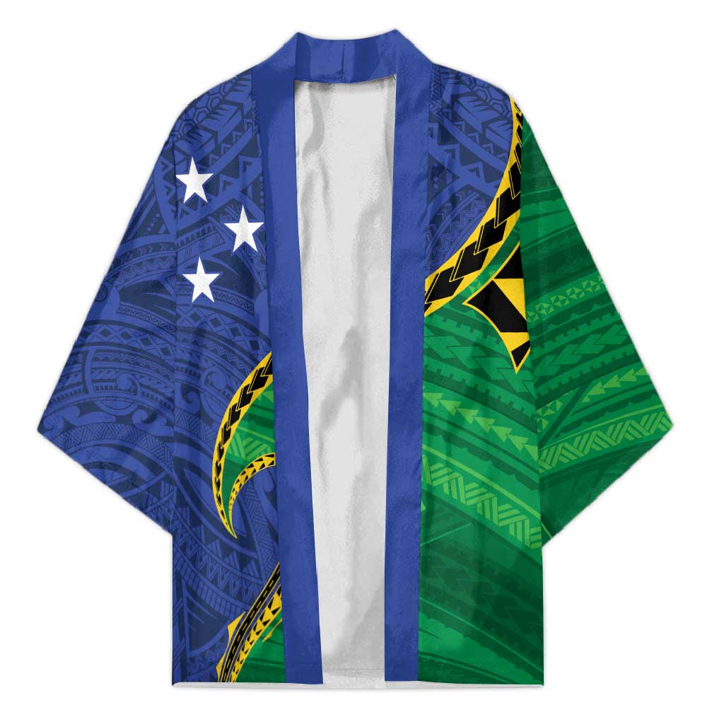 Solomon Islands Independence Day 1978 Personalised Kimono Polynesian Pattern with Flag Style - Polynesian Pride
