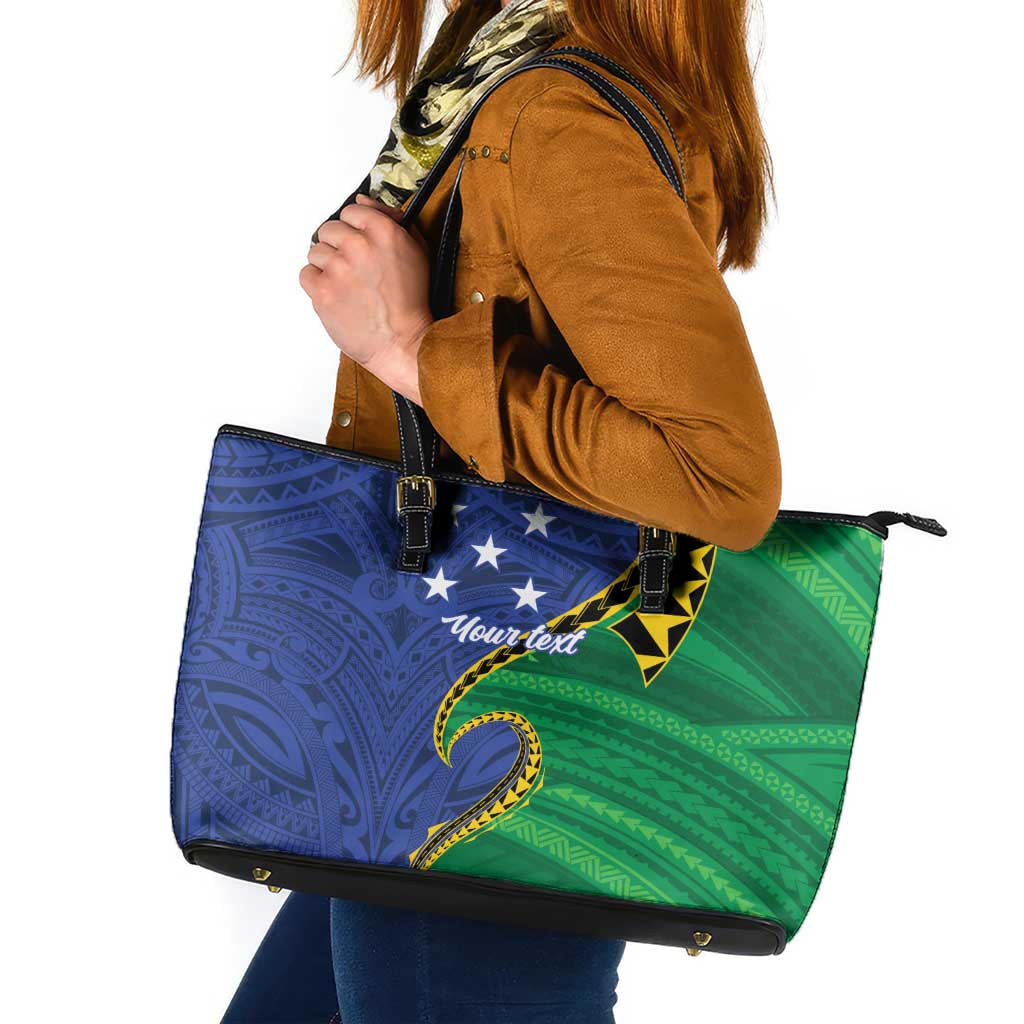 Solomon Islands Independence Day 1978 Personalised Leather Tote Bag Polynesian Pattern with Flag Style LT9 Blue - Polynesian Pride