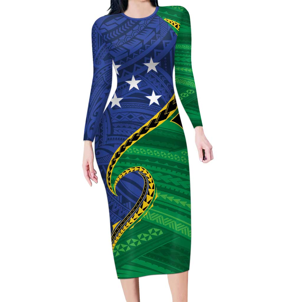 Solomon Islands Independence Day 1978 Personalised Long Sleeve Bodycon Dress Polynesian Pattern with Flag Style