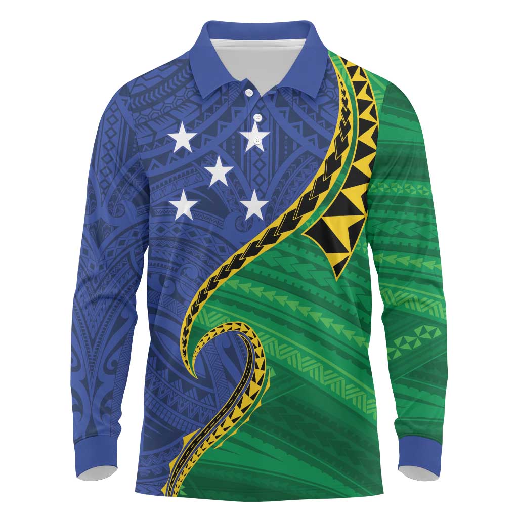 Solomon Islands Independence Day 1978 Personalised Long Sleeve Polo Shirt Polynesian Pattern with Flag Style LT9 Blue - Polynesian Pride