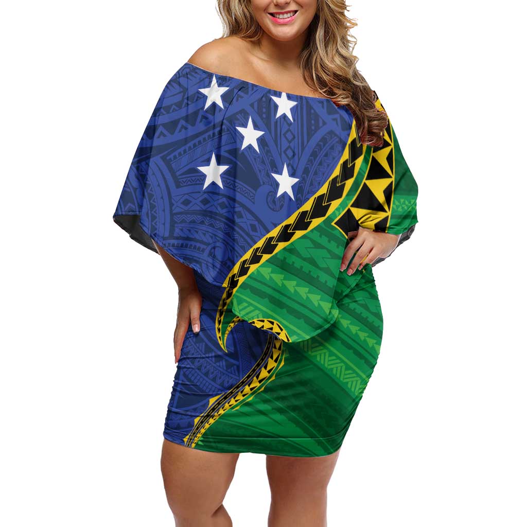 Solomon Islands Independence Day 1978 Personalised Off Shoulder Short Dress Polynesian Pattern with Flag Style