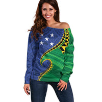 Solomon Islands Independence Day 1978 Personalised Off Shoulder Sweater Polynesian Pattern with Flag Style LT9 Women Blue - Polynesian Pride