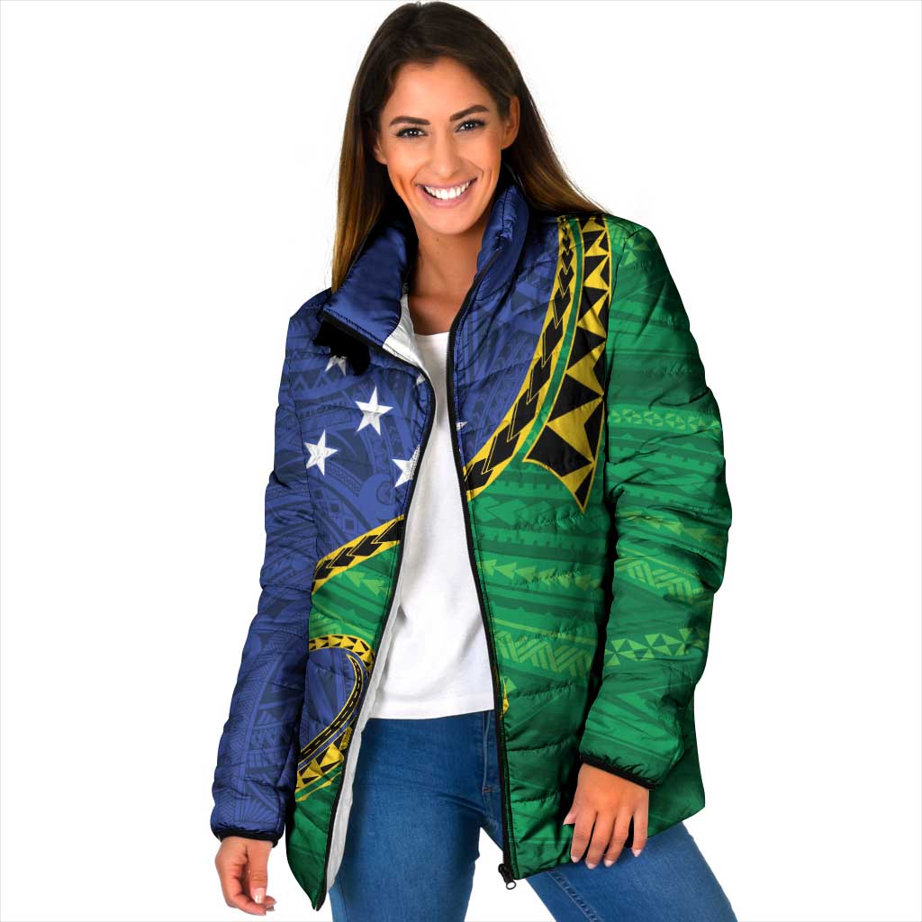 Solomon Islands Independence Day 1978 Personalised Padded Jacket Polynesian Pattern with Flag Style LT9 Women Blue - Polynesian Pride