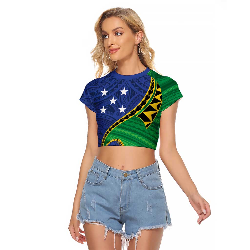 Solomon Islands Independence Day 1978 Personalised Raglan Cropped T Shirt Polynesian Pattern with Flag Style LT9 Female Blue - Polynesian Pride